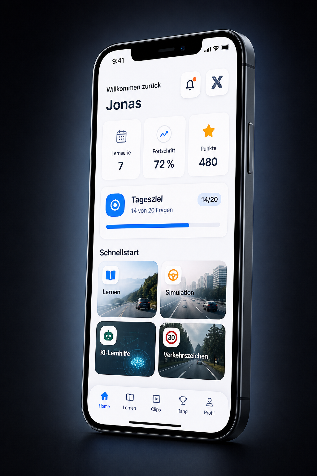Theorie X App mit Lernfortschritt, Tagesziel und Schnellstart